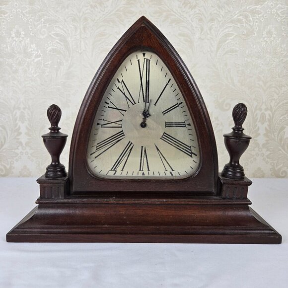 Vintage Waltham Triangle Wooden Mantel Clock Finials on Sides Wind Up Mechanism - Picture 1 of 16